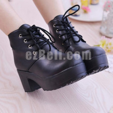 New! Black White Student Thick Heel Shoes with Shoes Lace Japanese School Cosplay Shoes